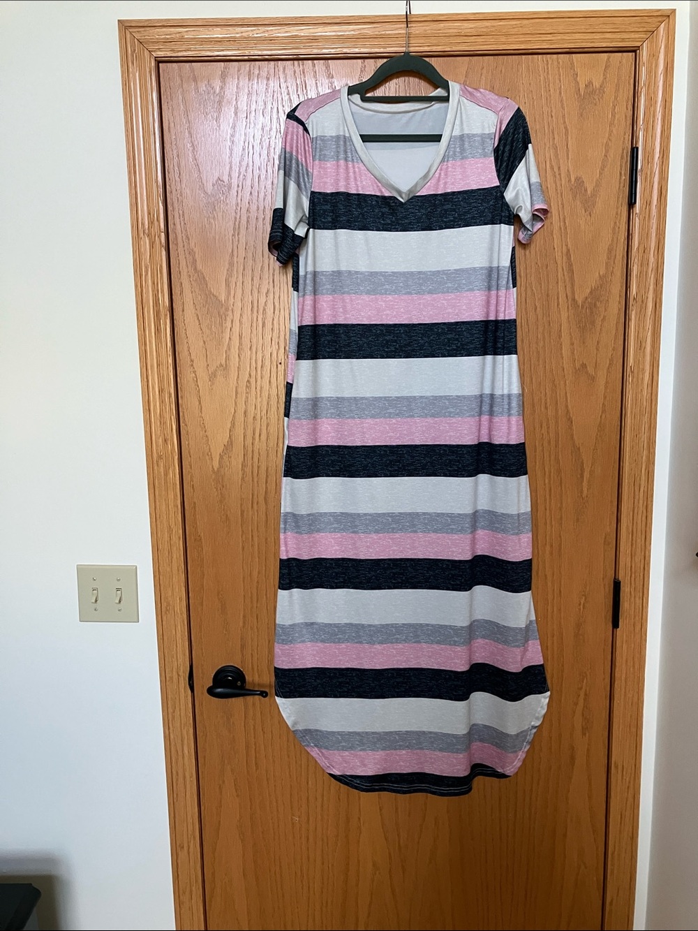 Striped V-Neck Maxi Dress in Pink, Gray & Black